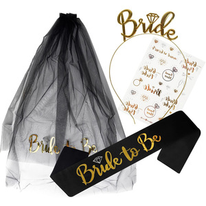 Bride To Be <b>Veil</b> Set Black Mesh Gold Plated <b>Headband</b> Sash Stickers <b>Bridal</b> Shower Party Props - Product Image 1