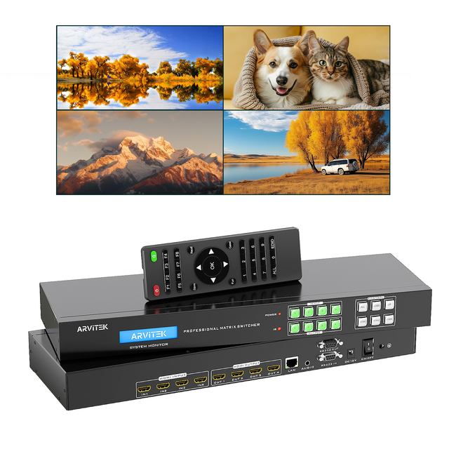 4K H D M I Matrix 4x4 W/ Web AUX Audio Output ARVITEK Switcher Support LAN/RS232/IR/APP Switch Fit 1U Rackmount Rack