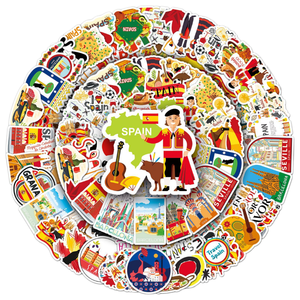 50PCS Eco-Friendly PVC Die-Cut Printed Cartoon Spanish Culture Food Landmarks Promotional Travelling Souvenir Spain Sticker