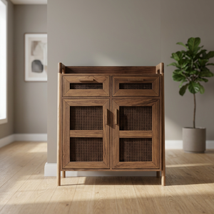 Meuble de rangement de salon en bois massif noyer foncé grande capacité avec portes en rotin, buffet moderne - Product Image 3