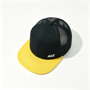 Custom Logo Black Yellow Character Unisex Trucker <b>Hat</b> Breathable Mesh Back Trucker Cap OEM Wholesale Printed <b>Flat</b> Brim - Product Image 4