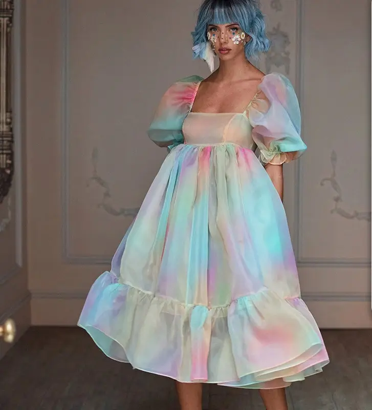 BOBOYU 2022 최신 디자인 소녀 드레스 다채로운 인쇄 퍼프 슬리브 스퀘어 넥 프릴 볼 가운 댄스 파티 생일 드레스