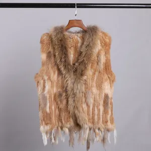 Women's Casual Knitted Vest Raccoon Fur Trim Collar <strong>Gilet</strong> <strong>Lady</strong> Fashion Waistcoat V-neck Outerwear Autumn Winter - Product Image 3