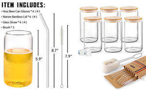 Vasos de vidrio con tapa de bambu frascos-de-vidrio-Vasos de vidrio en forma de lata con tapa de bambú Perfecto para cóctel Jugo Whisky Gi - Product Image 4