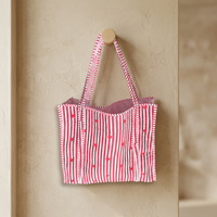 Tas Tote Kain Katun Ringan Warna Solid Merah Putih Gaya Bohemian Hati dengan Ritsleting Desain Berlapis Luas untuk Penggunaan Sehari-hari