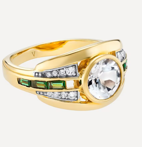 Bague Bombe en argent vermeil plaqué or 18ct avec topaze blanche olive et pierre verte - Product Image 3