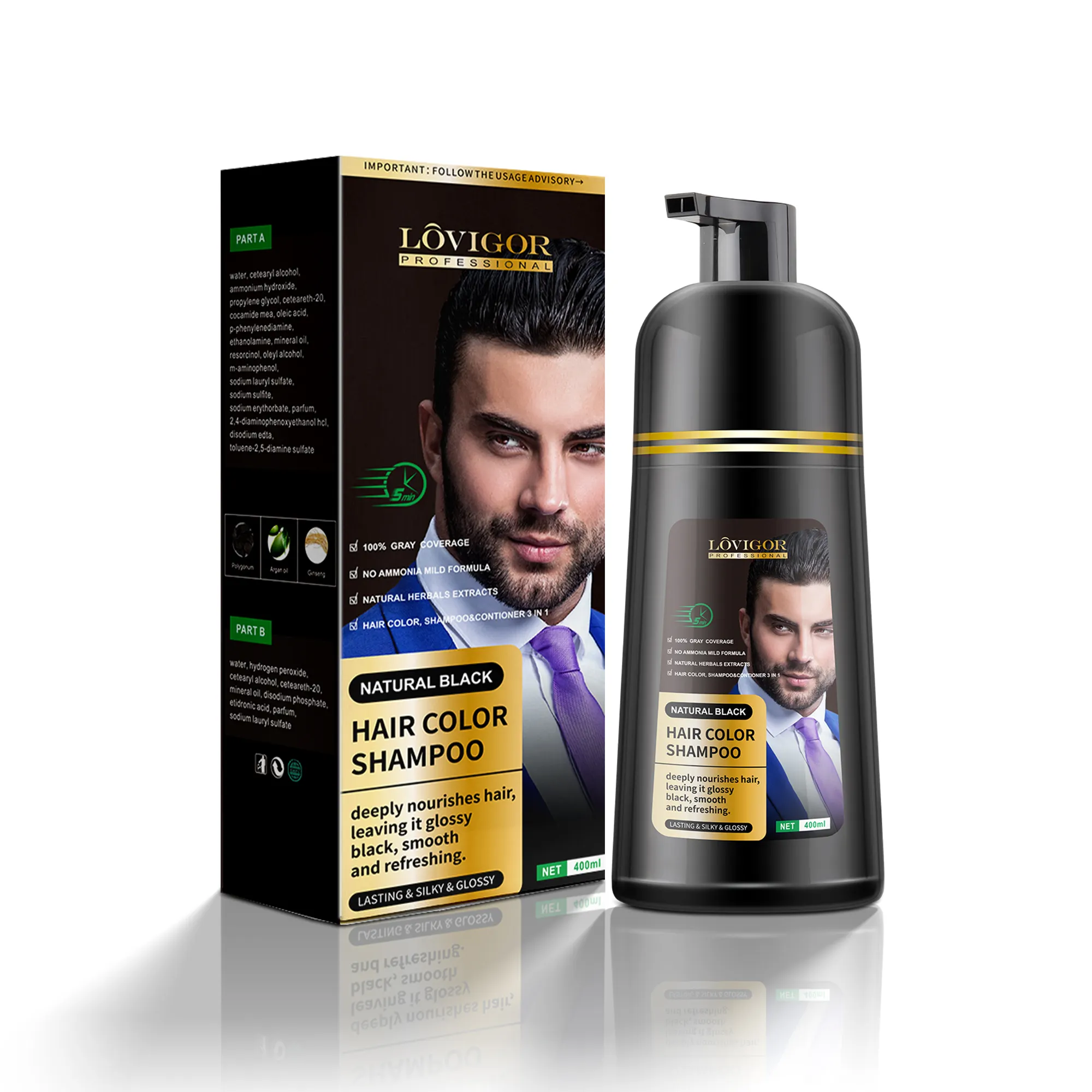 Lovigor Natural 5 min instant black hair colouring shampoo wholesale Fast Hair Color Dye Shampoo for men women