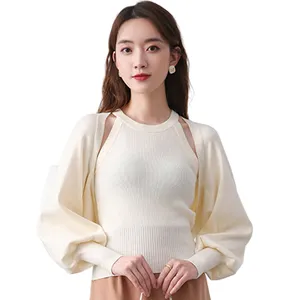 Ladies Korean Style Casual Senior Crew Neck New Knitted Cardigan + Suspender Slim Fit Bottoming Top Set