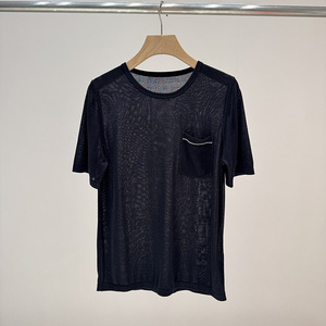 Minimal Knit T-Shirt for Women, Old Money Style Short Sleeve <b>Top</b> with Pocket Detail, Elegant Premium Vibe - Product Image 3