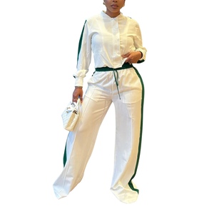 ชุดเซ็ต 2 ชิ้น เสื้อแขนยาวแต่งขอบถักสไตล์ลำลองสำหรับผู้หญิง ฤดูใบไม้ร่วง/ฤดูหนาว พร้อมกางเกงขายาวทรงกว้าง สปอร์ต แฟชั่น - Product Image 2