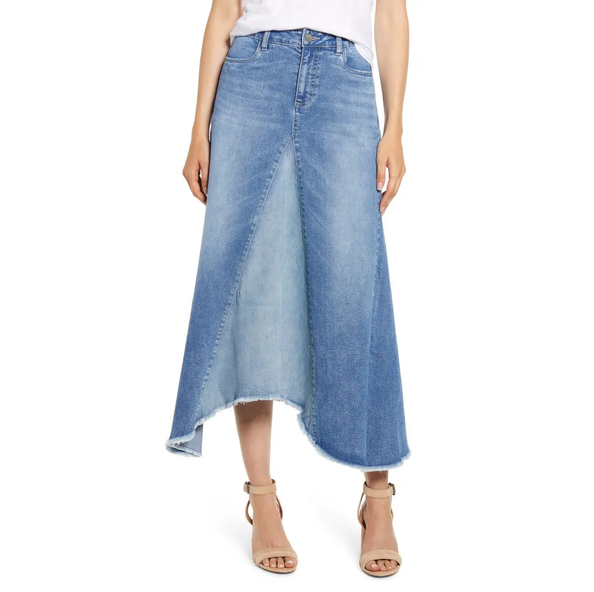 Wholesale Fashion Ladies Two-tone Wash Calf Length Denim Midi Jean Skirt For Women