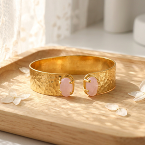 Oval pink chalcedony gemstone cuff <b>bracelet</b> wide cuff <b>bracelet</b> 18k gold plated hammered texture <b>stacking</b> adjustable <b>bracelet</b> - Product Image 6