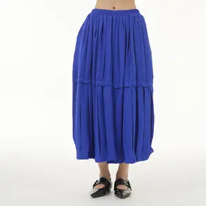 Elegant beauty light blue maxi Lady Cotton and linen thin solid pleated long skirts for women made in china