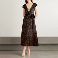 Robe midi élégante à imprimé floral personnalisé, dentelle crochet contrastante, col en V, manches courtes, ceinture, robes d'été françaises pour femmes