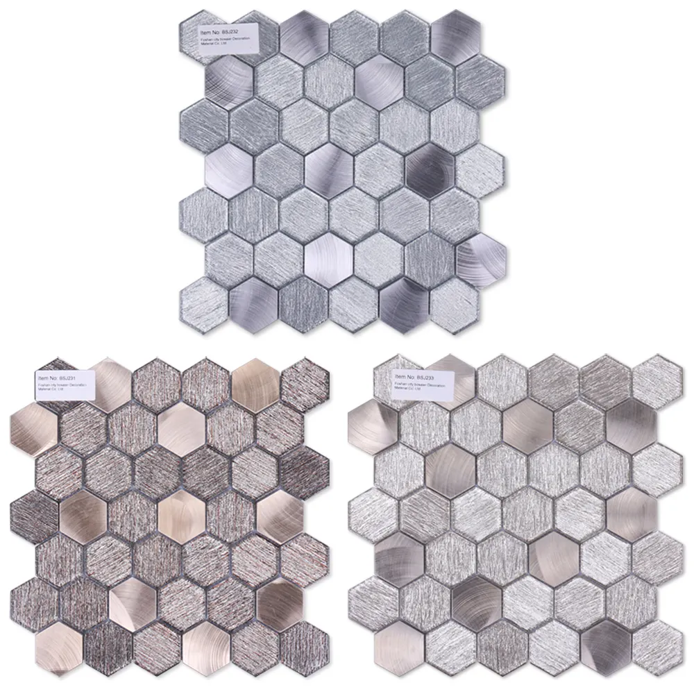 Foshan fabrik mosaico unregelmäßigen waben gebürstet aluminium fliesen linear glitter grau gold glas metall wasserstrahl hexagon mosaik