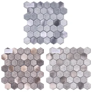 Foshan factory mosaico irregular honeycomb brushed aluminum tiles linear glitter grey gold glass metal waterjet hexagon mosaic