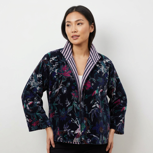 Autumn Reversible Velvet Jacket Midnight Garden Printed Botanical Birds Ink Navy <b>Quilted</b> Floral Elegant Shawl Collar Dyed Cotton - Product Image 1