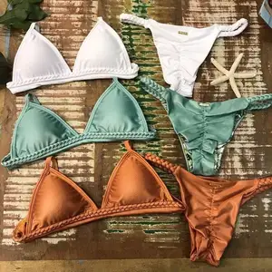 Diseño personalizado vendaje triángulo String Bikini 2024 mujeres Sexy brasileño traje de baño lazo lateral Tanga traje de baño