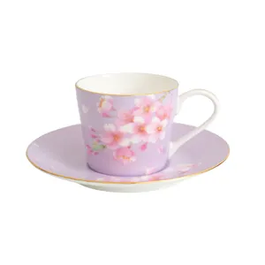 Stechcol Floral Purple Ceramic Coffee & Tea Cup for Gift Home Restaurant Bone china Cup and Saucer