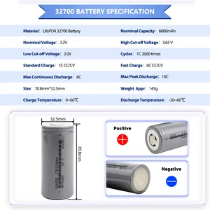 इलेक्ट्रिक बाइक स्कूटर के लिए 32700 6000mAh 3.2V लाइफपो4 रिचार्जेबल बैटरी 6Ah बैटरी पैक LiFePO4 फॉस्फेट ग्रेड ए सेल