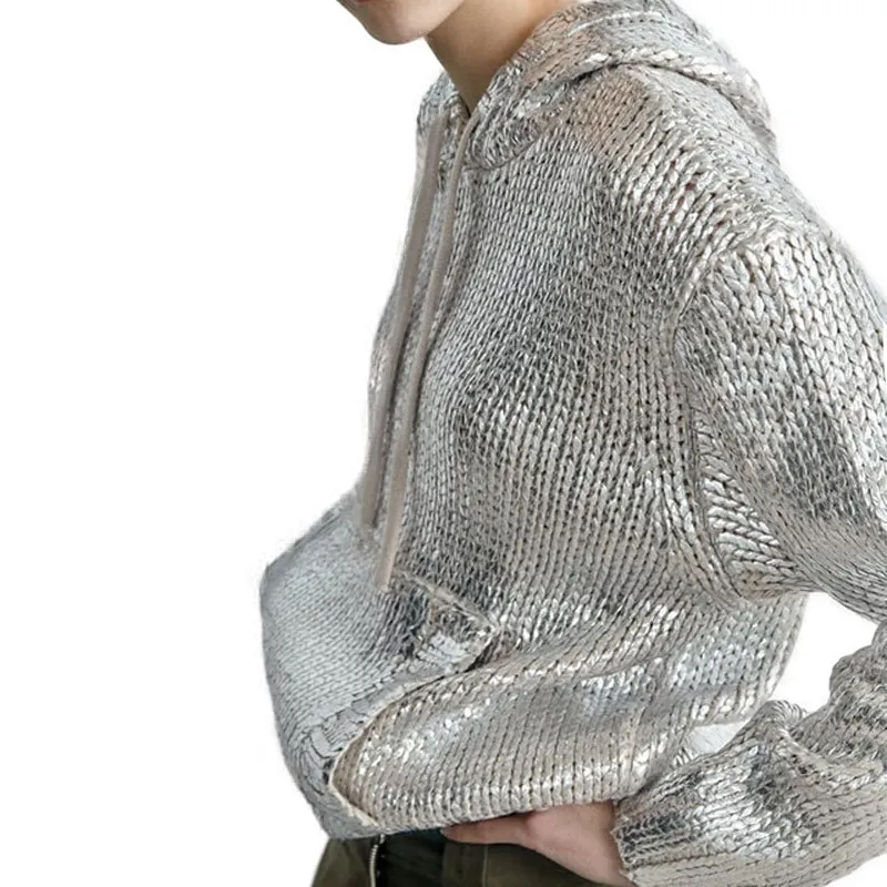 महिलाओं के लिए सबसे ज्यादा बिकने वाला सिल्वर मैटेलिक स्टाइल का बुना हुआ स्वेटर फैशन हुडी लंबी आस्तीन वाला स्वेटर स्वेटर