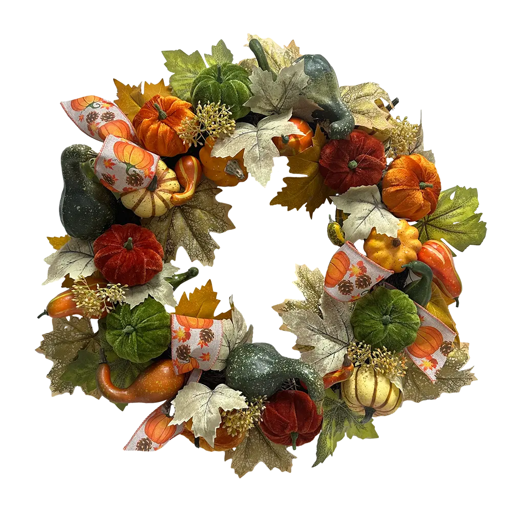 Senmasine 22 Inch Diy Front Door Hanging Decoration Mixed Bow Maple Leaves Grapevine Artificial Multiple Styles Pumpkin Wreath