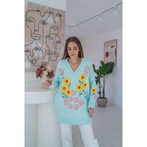 Suéter de Mujer con Bordado Floral Azul, Informal, de Manga Larga, Tejido Antipilling - Product Image 3