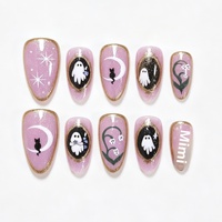 Ongles artificiels Halloween transfrontaliers très demandés, motifs fantômes, étoiles, lunes et chats mignons, finition œil-de-chat violette, personnalisables, 30 pièces