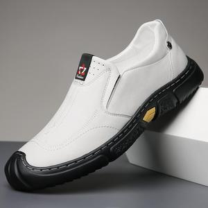 Mocassins en cuir véritable blanc pour hommes, bout rond, à enfiler, semelle extérieure en caoutchouc respirante, chaussures décontractées d'automne - Product Image 1