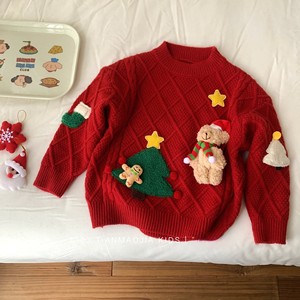 Christmas Kids Sweater Red Wool Knitwear Thickened Warm Winter Clothing For Boys And Girls With Bear Applique Design - Product Image 4