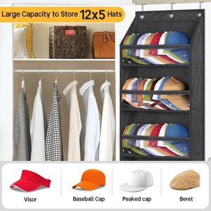 Over Door Hat <b>Rack</b> Black 5 Tier Clear Pockets For Baseball Caps Closet <b>Wall</b> Storage Organizer Holds 60 Hats - Product Image 3