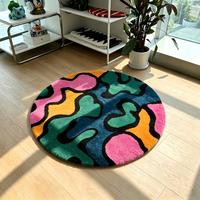 Tapis rond tufté à la main à blocs de couleur abstraits, forme ondulée vibrante, pour salon, chambre et décoration intérieure