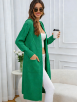 Cardigan long en maille vert uni décontracté pour femme, coupe oversize, ouvert sur le devant, avec poches