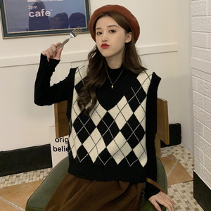 <span class=keywords><strong>Chaleco</strong></span> de Punto con Diseño de Diamantes para <span class=keywords><strong>Mujer</strong></span>, Primavera y Otoño, Estilo Francés Vintage, Cuello en V, Estilo Holgado, Tejido Dobby - Product Image 6