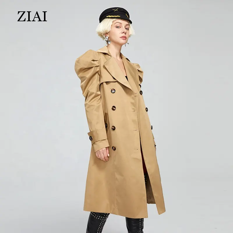 Fashion Wholesale Women Long Coat Elegant Puff Sleeve blase schulter Trench Coat doppel-breasted mittlere länge nach graben mantel