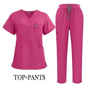 Los más vendidos berenjena púrpura 4 vías elástico médico enfermería Scrub Sets 3 bolsillos Hospital uniforme para ropa de trabajo Spa uniforme - Product Image 6