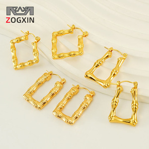 ZOGXIN Bamboo Texture Hoop Earrings Geometric Square Stainless Steel Gold Color Fashion Jewelry - Product Image 1