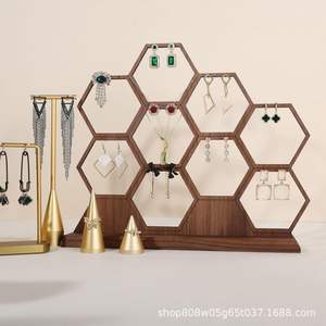 Creative Wooden Jewelry Display Rack Hexagonal Earring Necklace <b>Organizer</b> Solid Wood <b>Desktop</b> Storage Stand Retro Color 5 Layers - Product Image 4