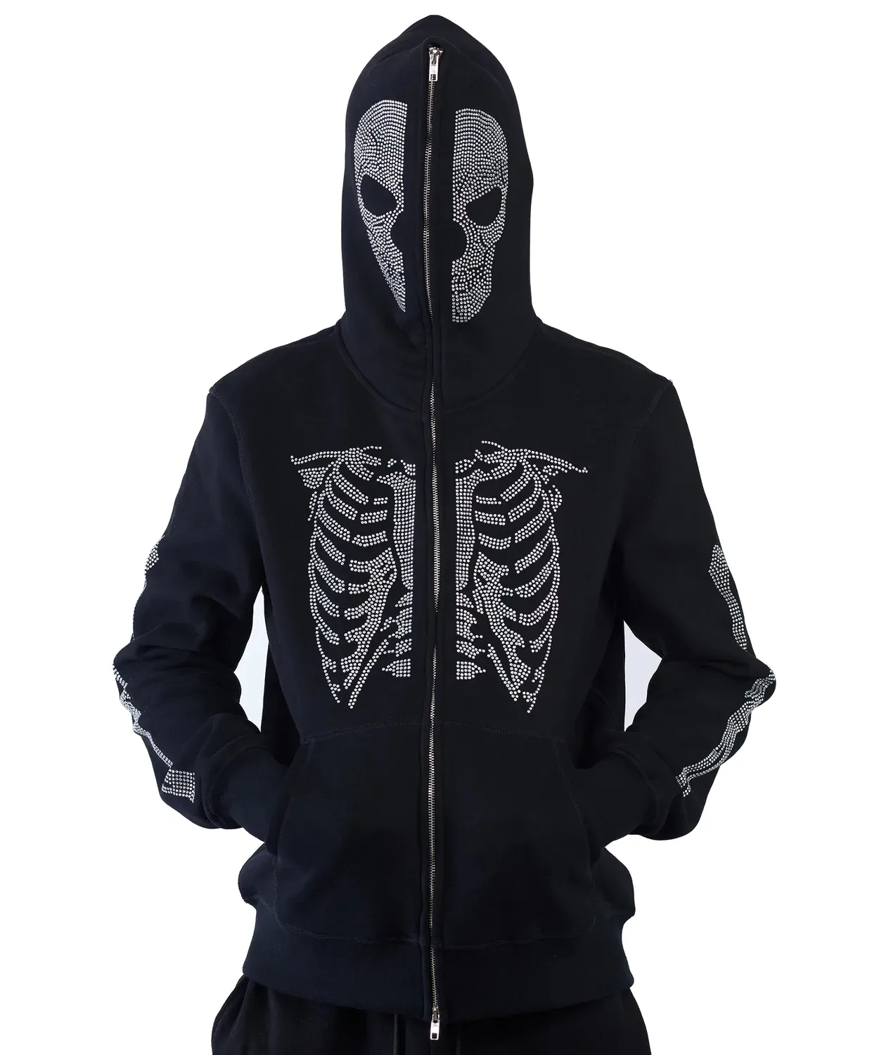 oem custom high quality mens private label plus size black french terry cloth full zip up skeleton rhinestone hoodies