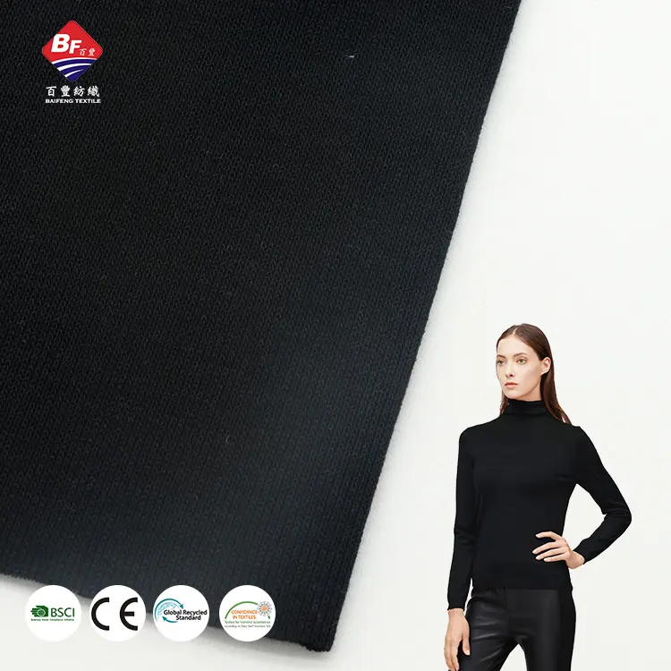 Tissus côtelés noirs écologiques prêts à l'emploi tissu côtelé tricoté texturé extensible pour pull