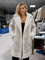 Manteau long en peau de mouton composite pour femme, broderie paisley, bordure en fausse fourrure, couleur contrastée, manteau d'hiver