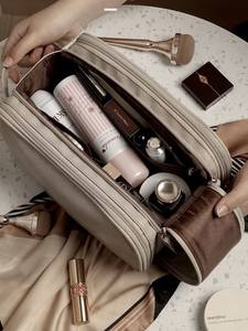 Sac de rangement cosmétique de voyage portable à grande capacité avec poignée souple à double fermeture éclair en PU imperméable à l'eau nouvelle mode transfrontalière - Product Image 4