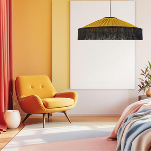 Tiffany soie sauvage Shantung in oro oliva, con frange nere, lampada a sospensione fatta a mano. - Product Image 2