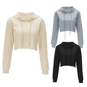 Sudadera de poliéster de manga larga para mujer, Tops cortos con capucha y ombligo, Top, blusa