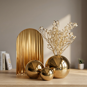 Gold Mirror Finish Handmade Glazed <b>Ceramic</b> Tabletop <b>Vase</b> Modern Eco-Friendly Wedding Home Decor - Product Image 1