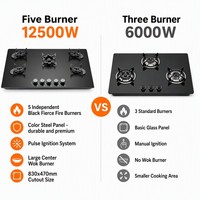Kompor Gas Tanam 5 Tungku Kaca Temper Permukaan Hitam 5 Tungku Lipat Kompor Gas Instalasi Tanam untuk Hotel & Rumah Tangga