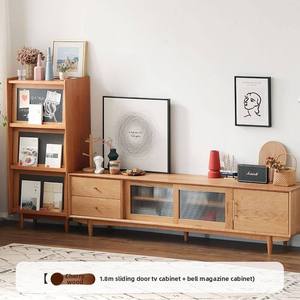 Ensemble de meuble TV et table basse en bois de cerisier massif de style nordique japonais, 2 pièces avec <span class=keywords><strong>portes</strong></span> coulissantes réglables pour salon - Product Image 5