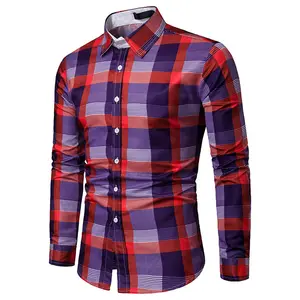 Camisa xadrez de manga longa para homens, impressão formal, social, impressa personalizada, casual