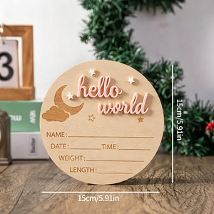 Targa in Legno Incisa Moderna 'Hello World' per Annuncio Nascita, Carta per Traguardi del Bambino - Product Image 5