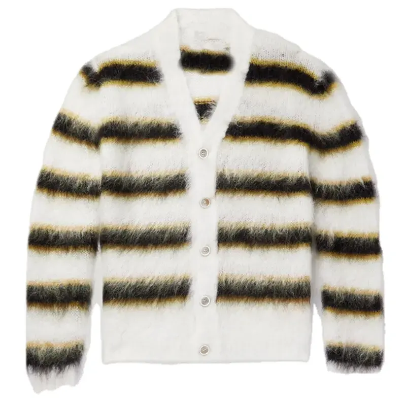 FYB Custom Oem & Odm Sweaters Men Mohair Fuzzy Knitwear Long Sleeve Knit Winter Striped Mohair Cardigan Sweater Men